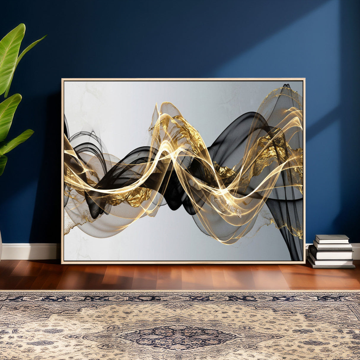 Black and Gold Abstract Wall Art, Modern Wave Canvas Print, Elegant Flowing Smoke Art, Luxury Living Room Decor