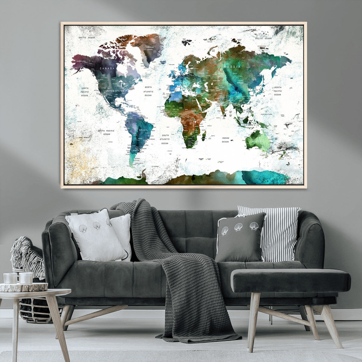 Modern Watercolor World Map Canvas Wall Art – Framed