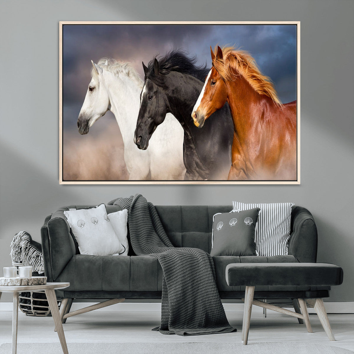 Animal Wall Art Three Horses Farmhouse Art Canvas, Framed