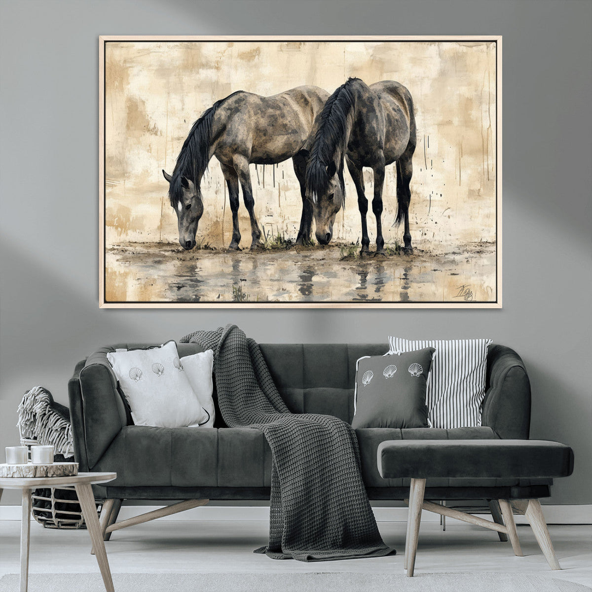 Chinese Style Abstract Black Horses Wall Art Canvas Print -
