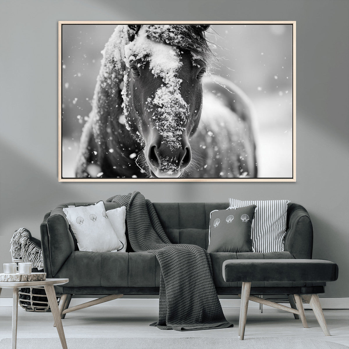 Black and White Horse Winter Wall Art | Ready to Hang and
