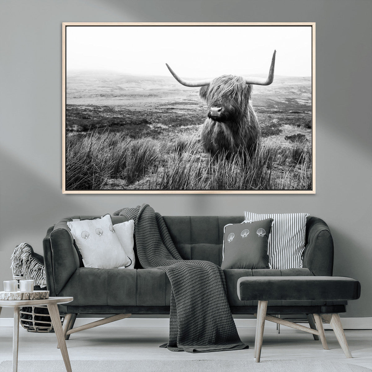 Scottish Highland Cow Wall Art | Black and White Canvas