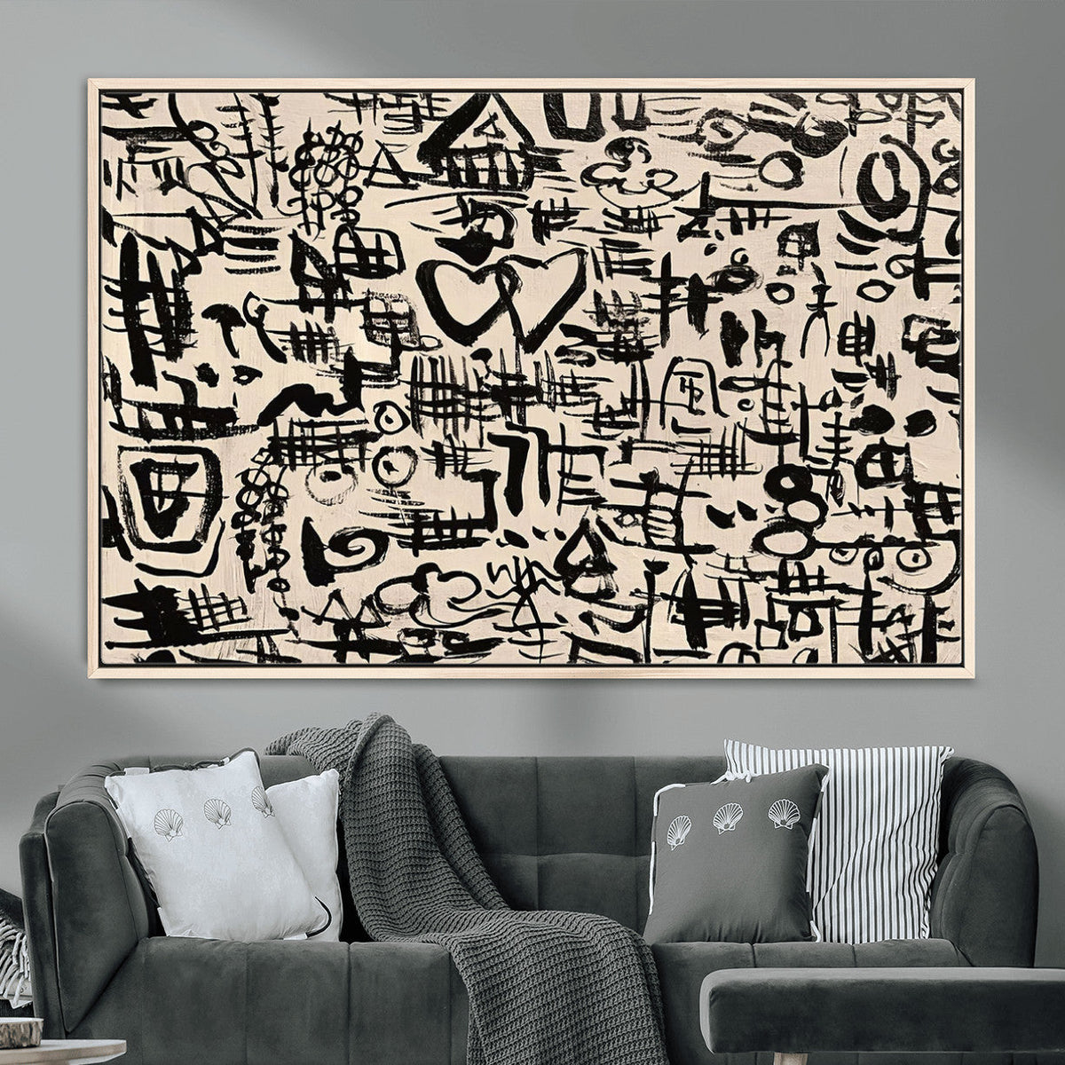 Abstract Love and Chaos Canvas Print, Black Symbols on Beige
