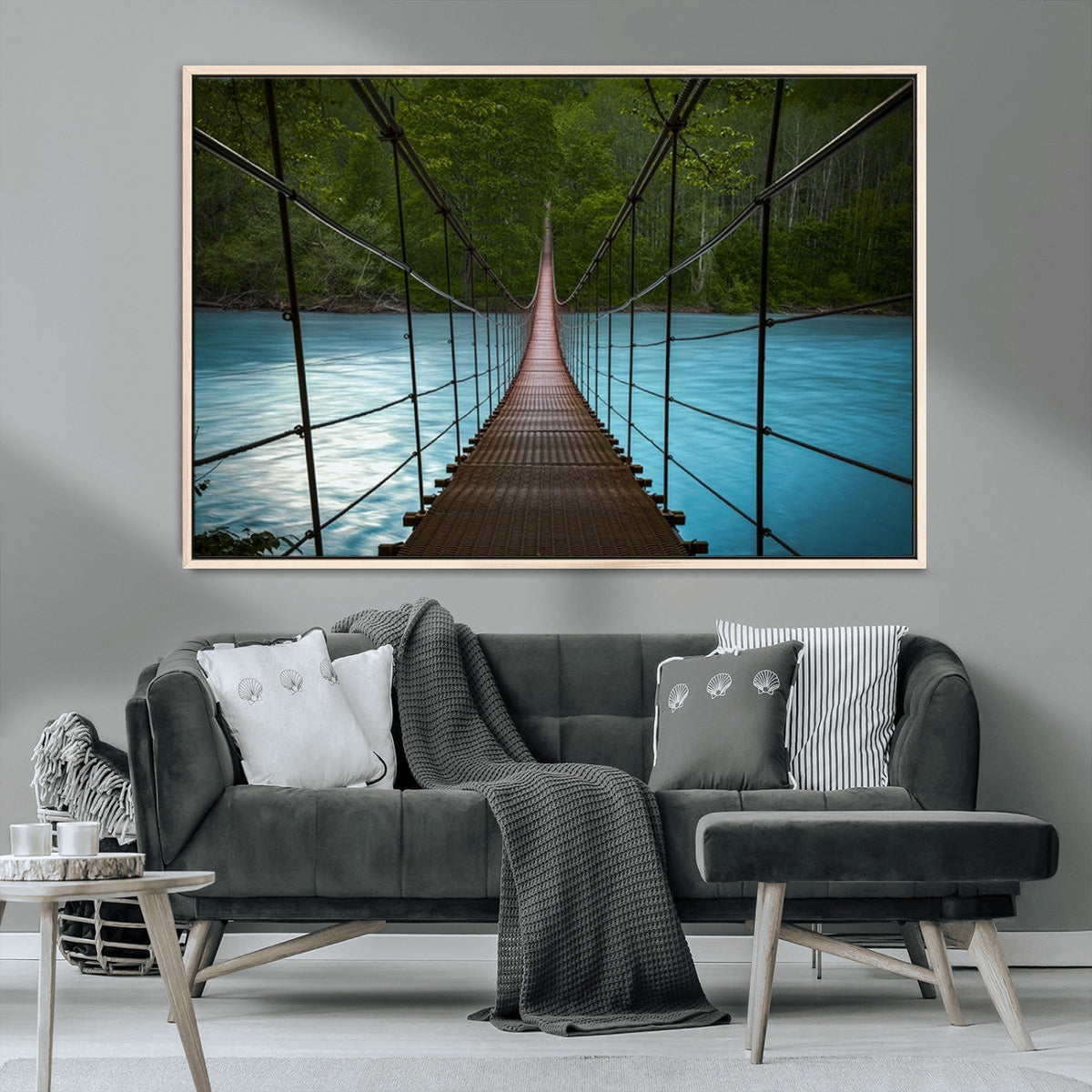 Suspension Bridge Over River Canvas Art | 3-Panel Nature