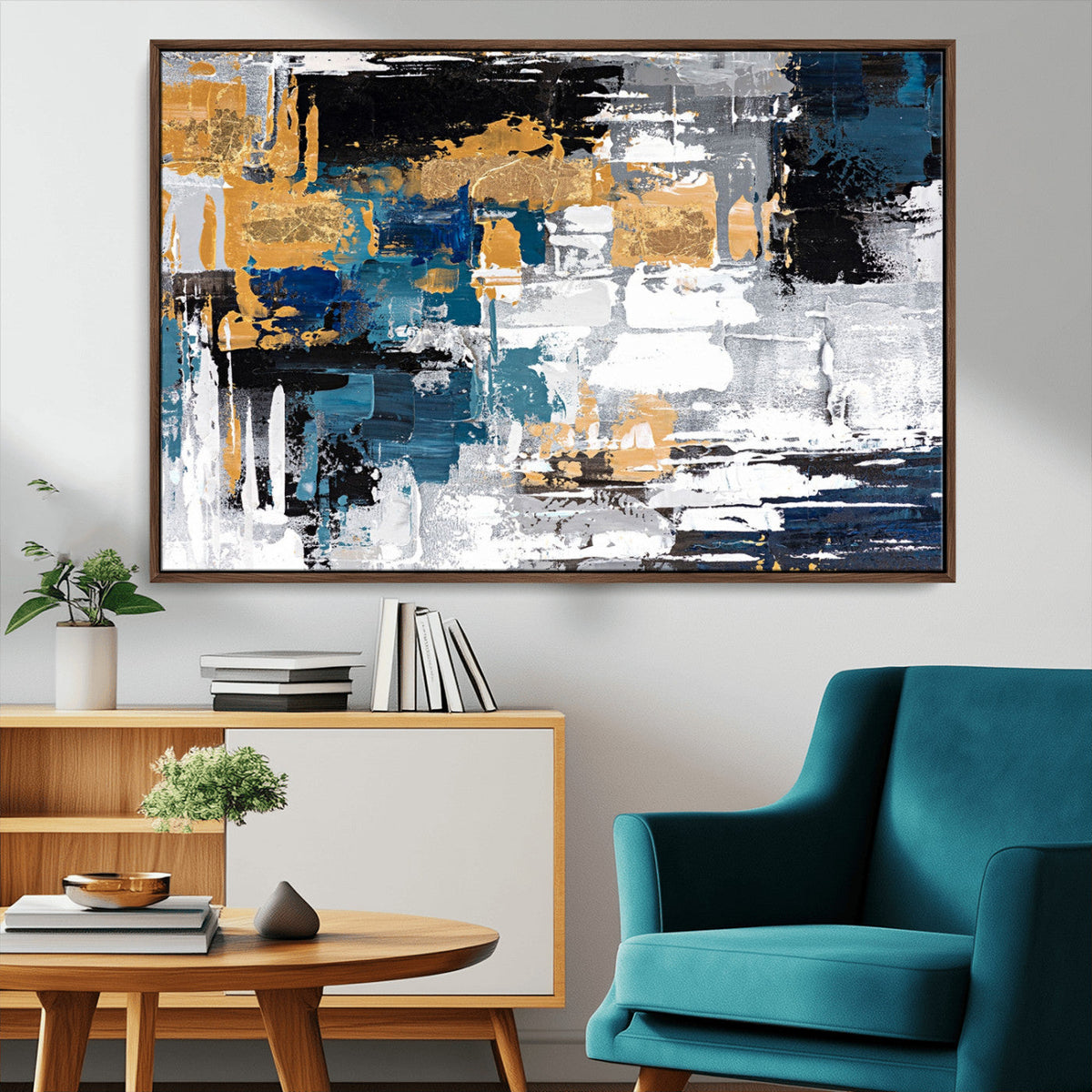 Blue and Gold Abstract Canvas Wall Art – Triptych Modern