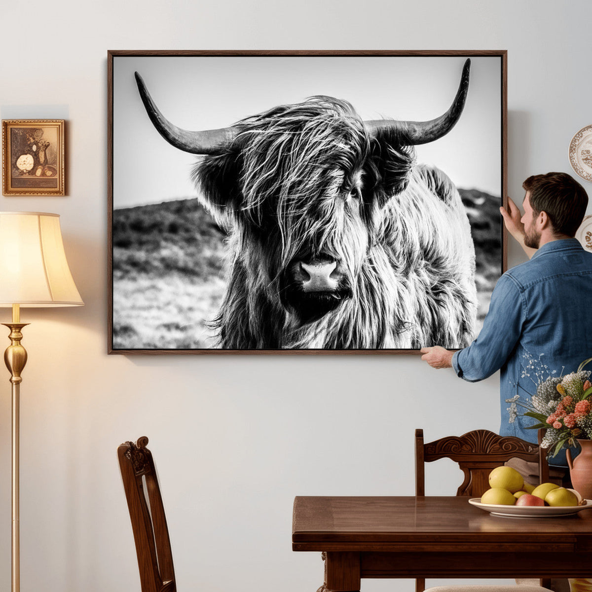 Black and White Scottish Cow Canvas Wall Art Highland Cattle