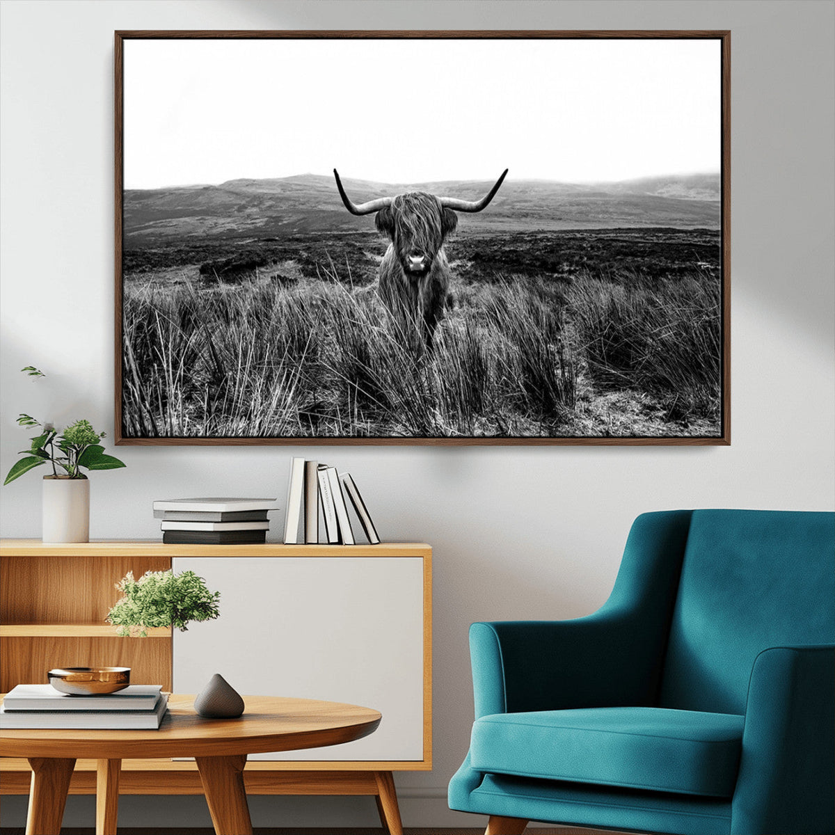 Black and White Highland Cow Canvas Wall Art, Longhorn