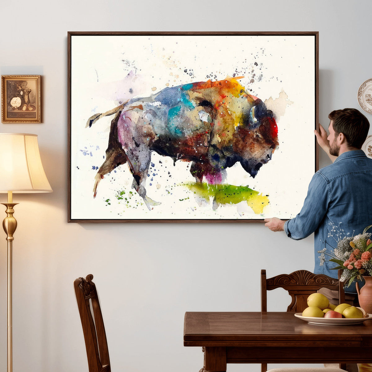 Abstract Buffalo Wall Art, Western Watercolor Bison Canvas
