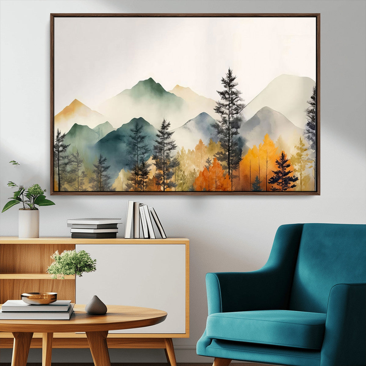 Abstract Watercolor Mountains and Trees Autumn Wall Art,