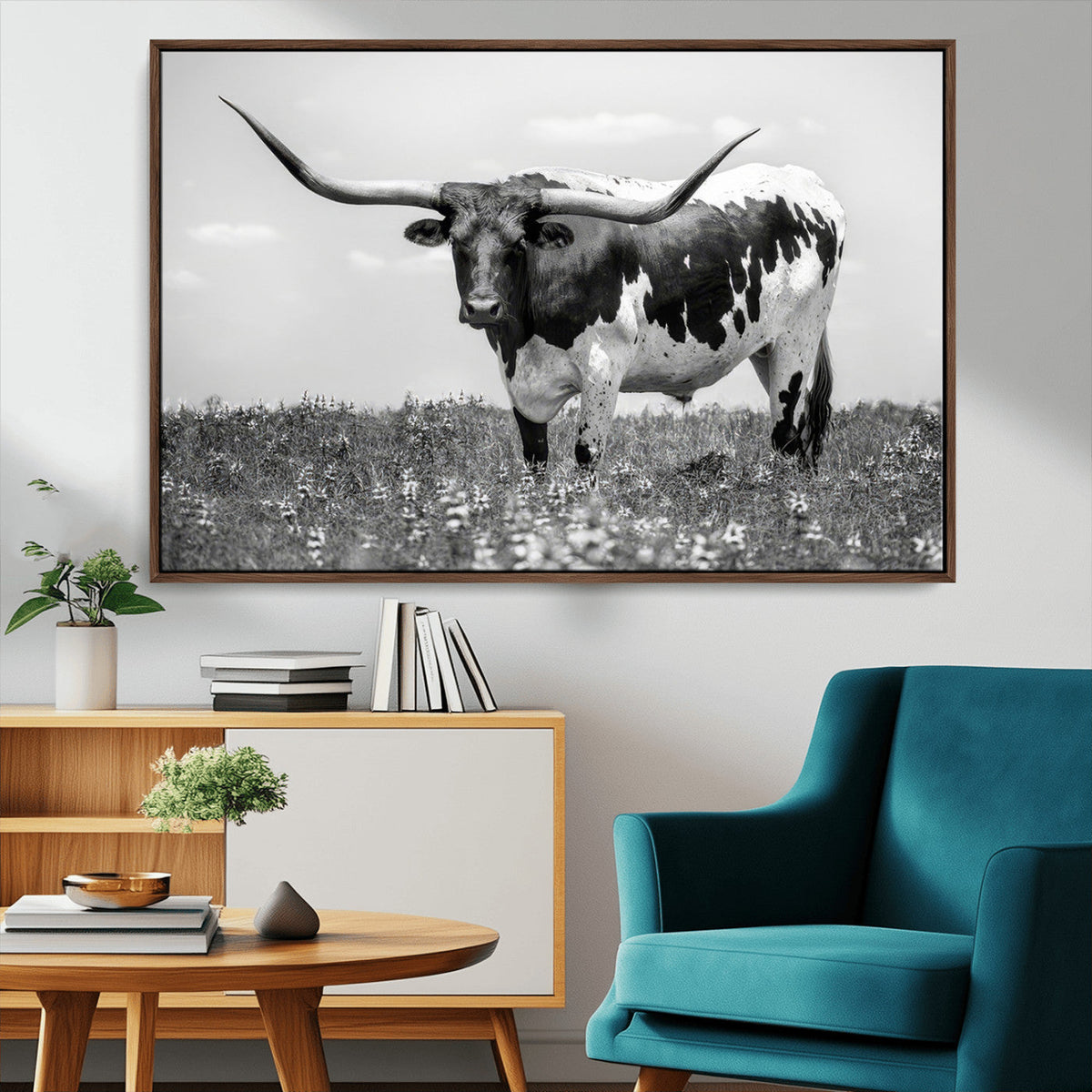 Texas Black White Highland Longhorn Cow Wall Art Canvas