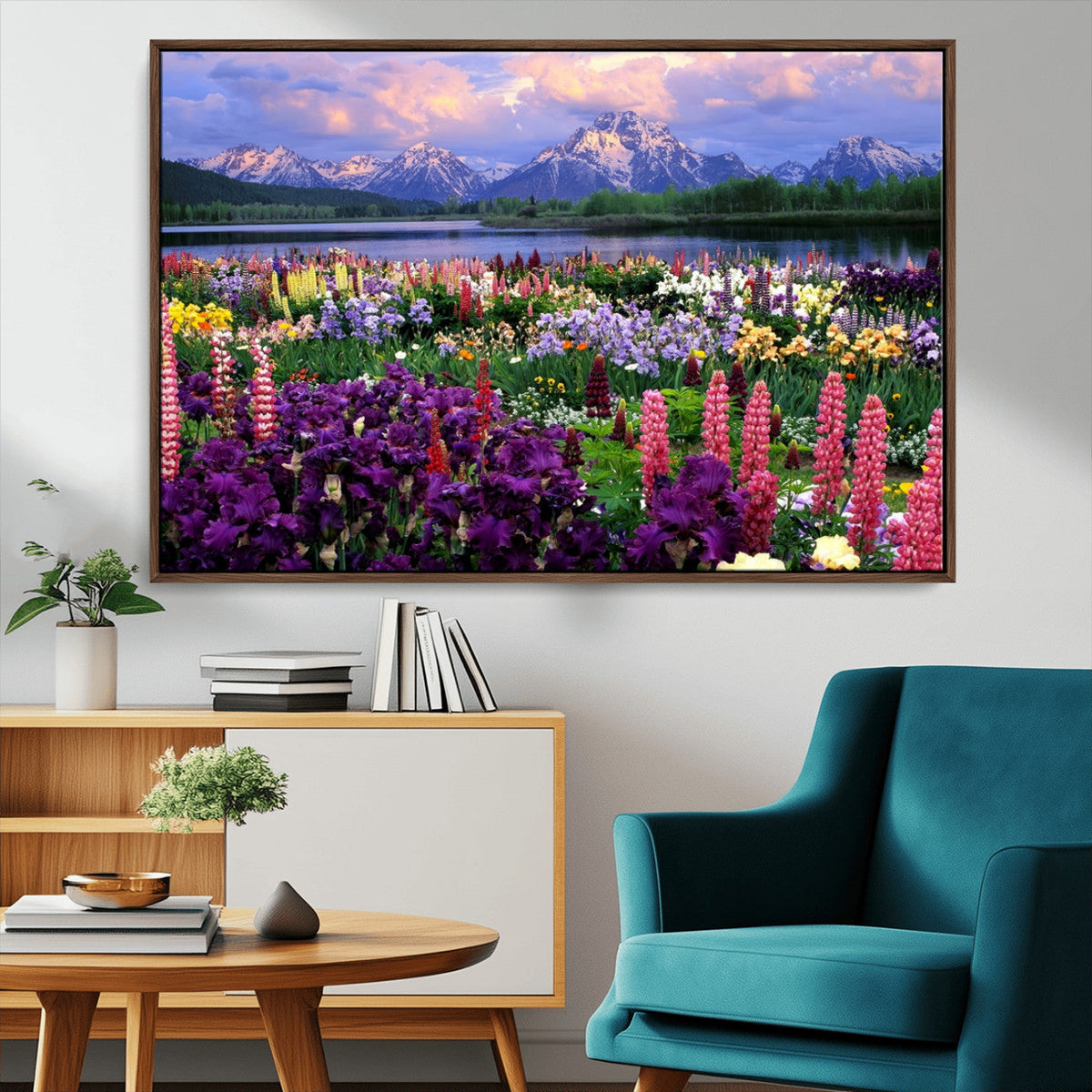 Vibrant Wildflower Garden and Mountain View Giclee Canvas