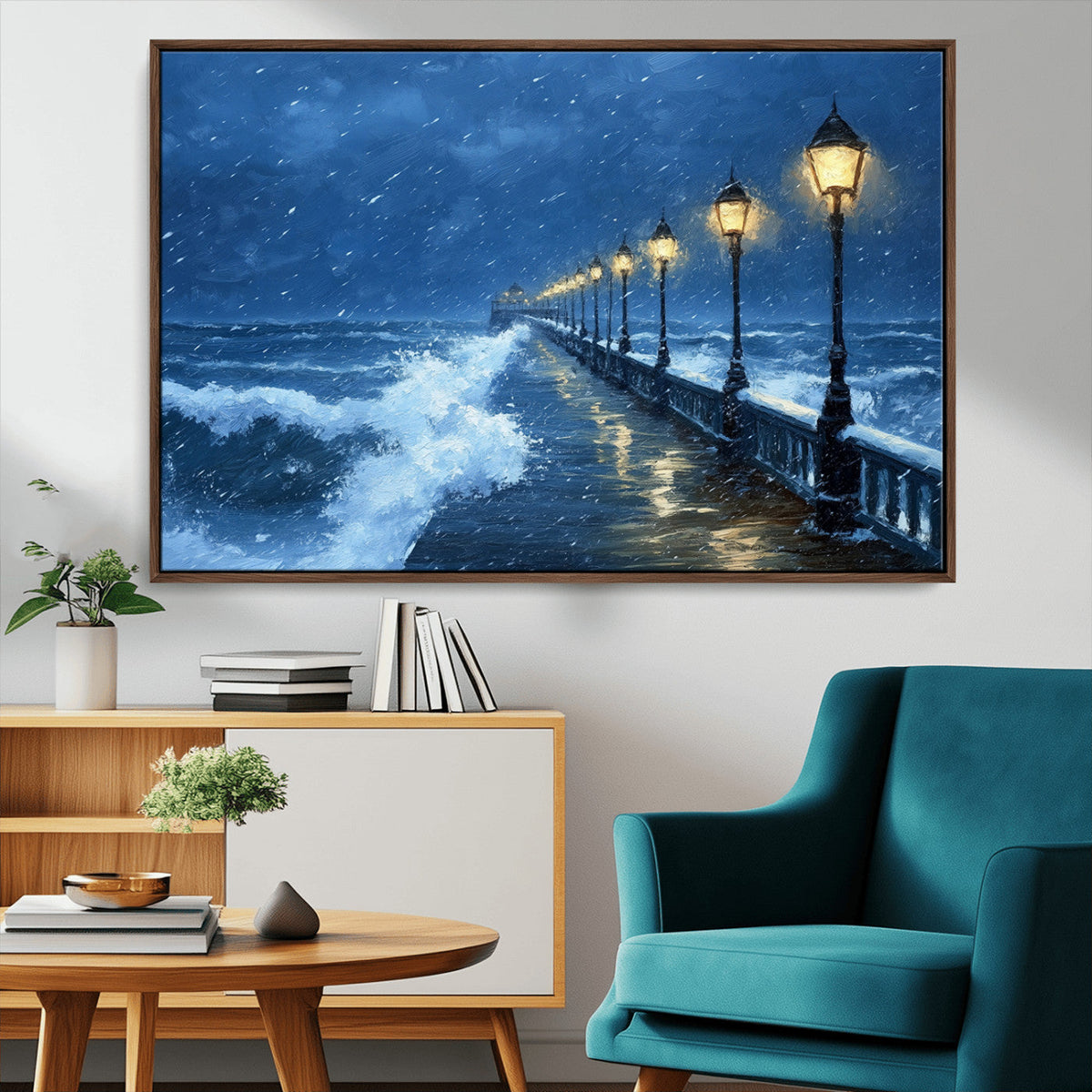 Stormy Ocean Pier Lights Canvas Wall Art Print - Large Moody