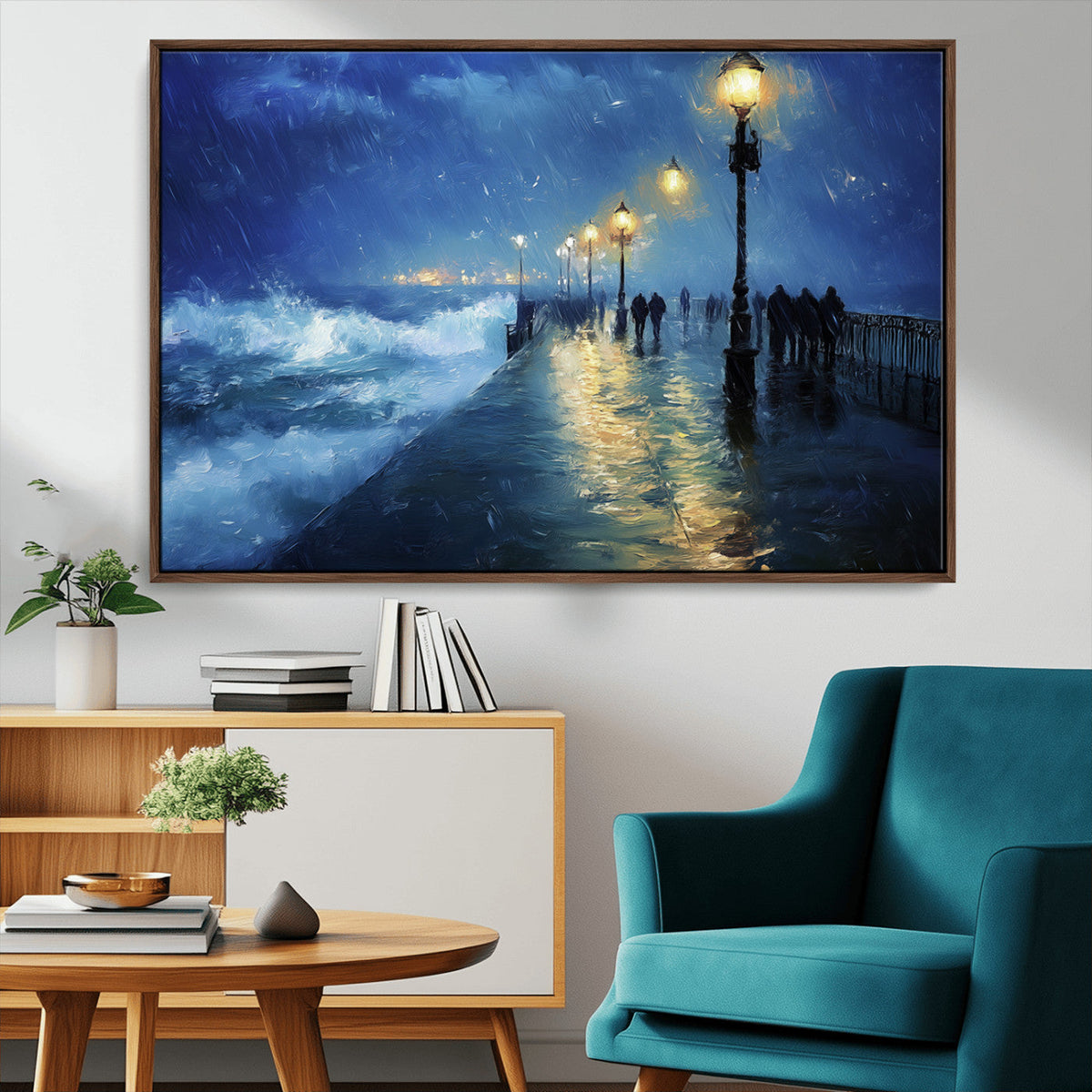 Storm Ocean Pier Canvas Wall Art Print - Large Moody Night