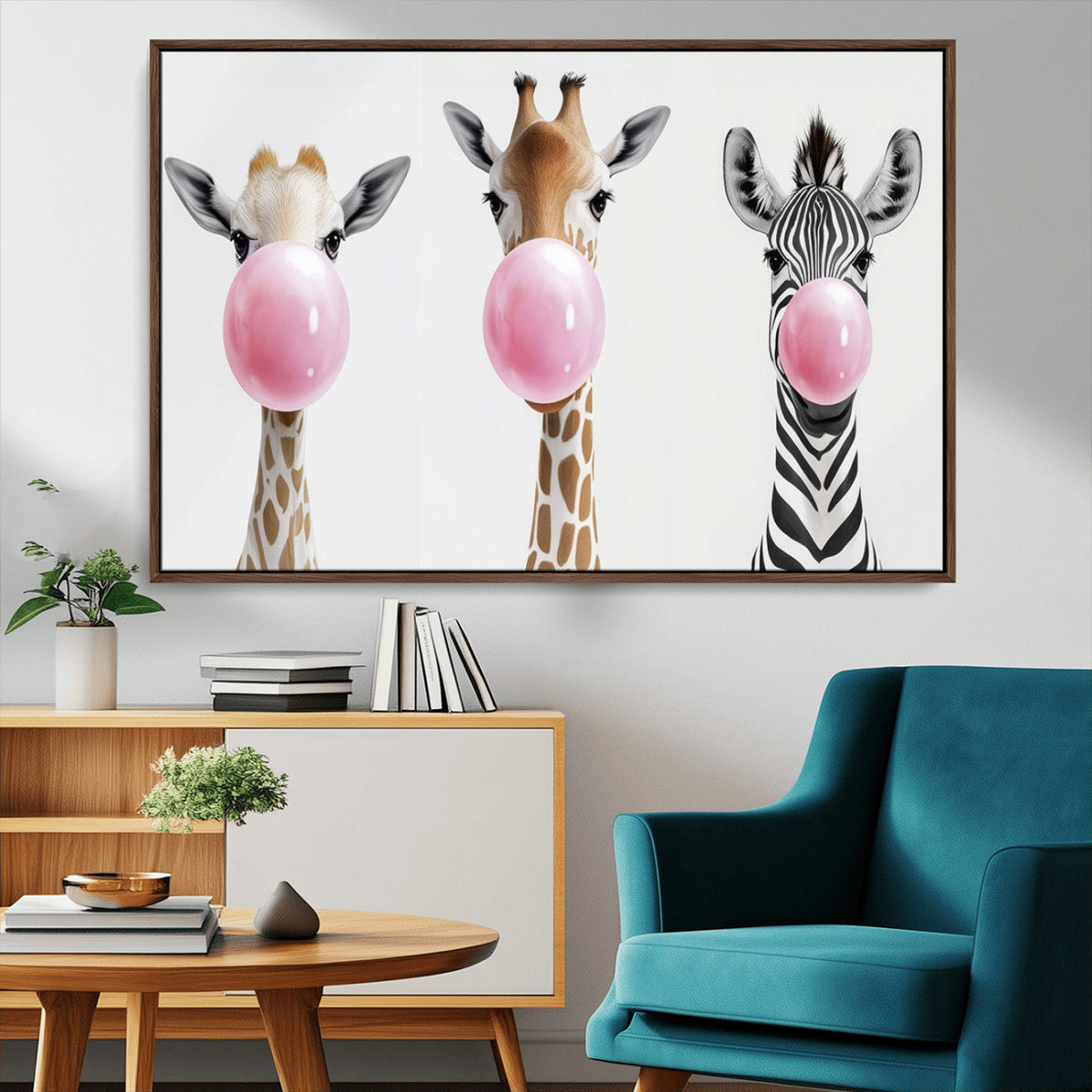 Bubblegum Animals Canvas Wall Art - Playful Giraffe and
