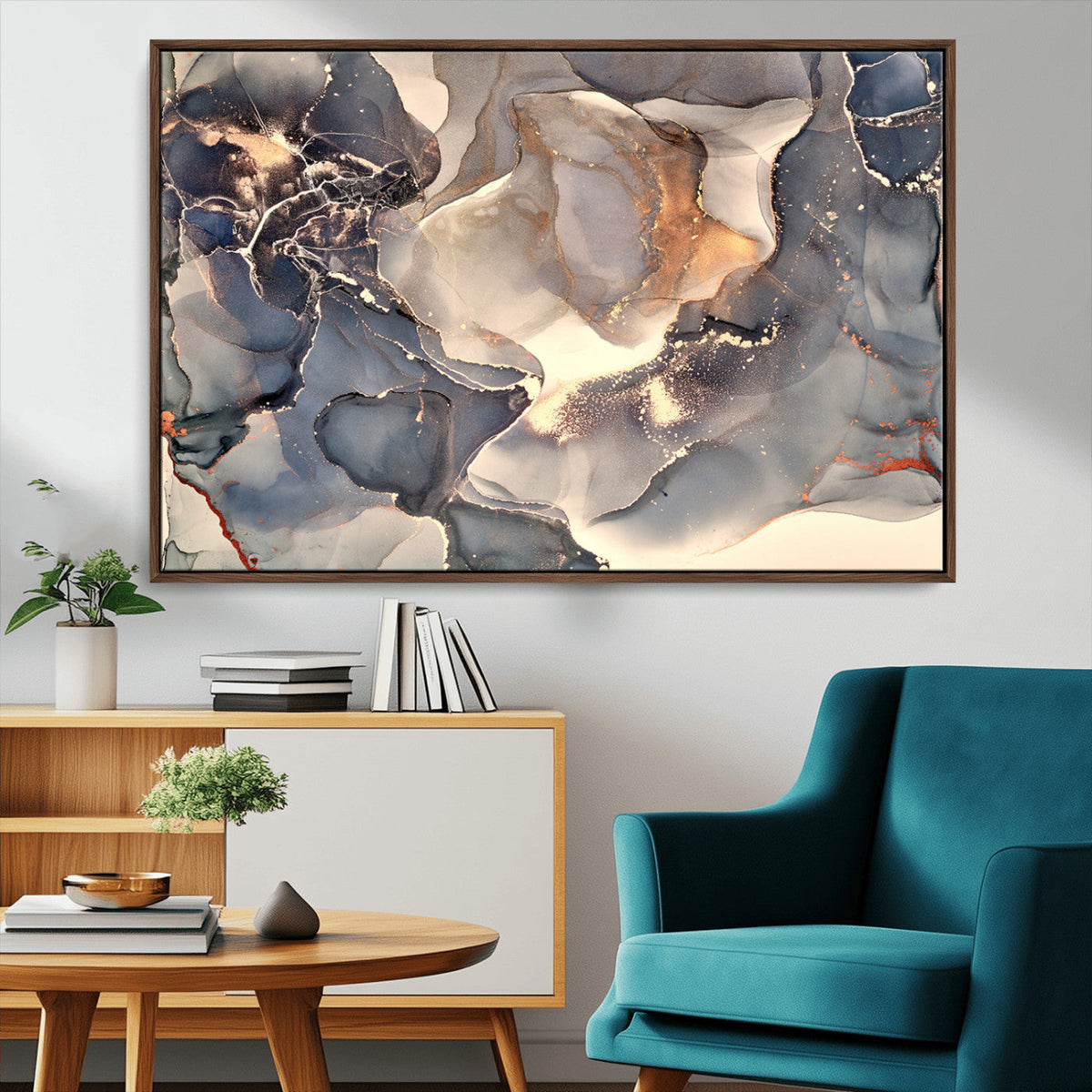 Abstract Blue and Gold Wall Art - Fluid Ink Artwork - Modern