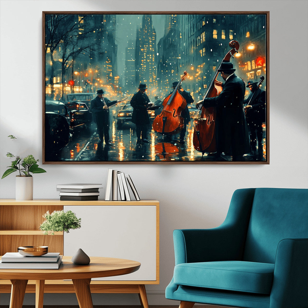 Urban Night Jazz Wall Art Canvas Print – Moody Rain-Soaked