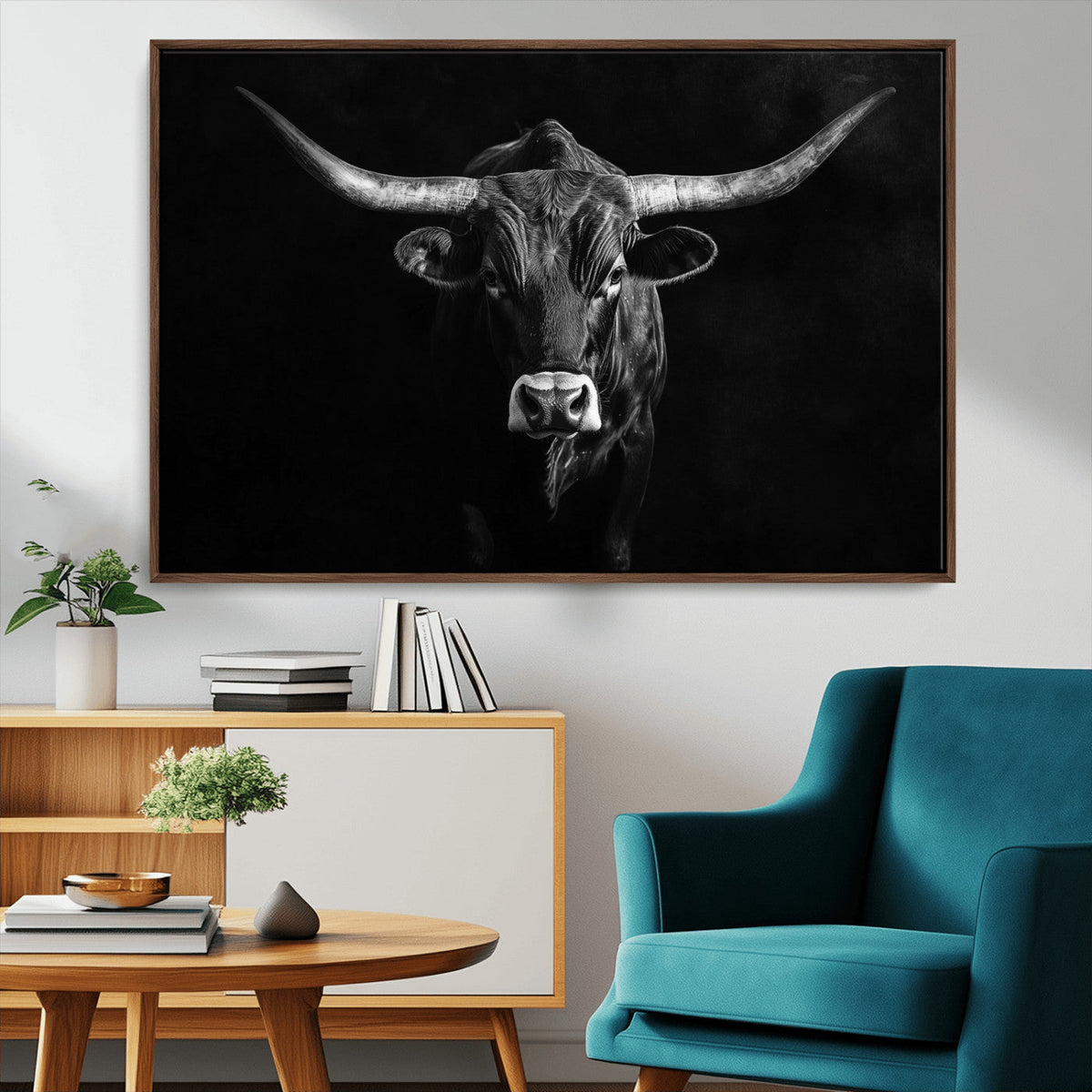 Texas Longhorn Wall Art Canvas Print – Framed Monochrome