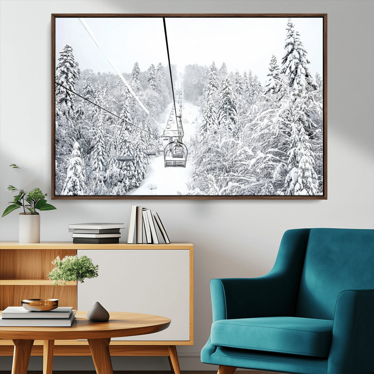 Snowy Ski Lift Wall Art – Framed Winter Mountain Canvas