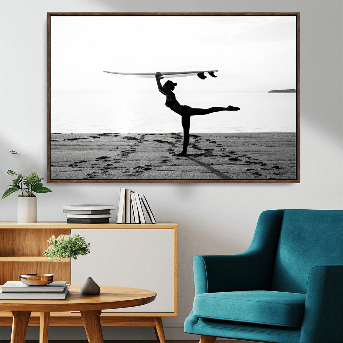 Yoga Surf Wall Art Canvas Print – Framed Black White Shore