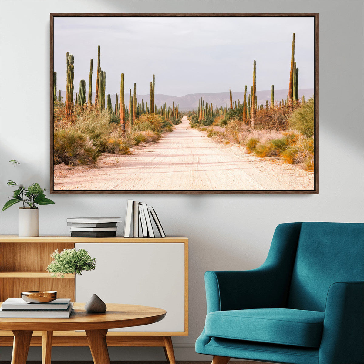 Desert Cactus Lined Road Wall Art Canvas Print – Framed