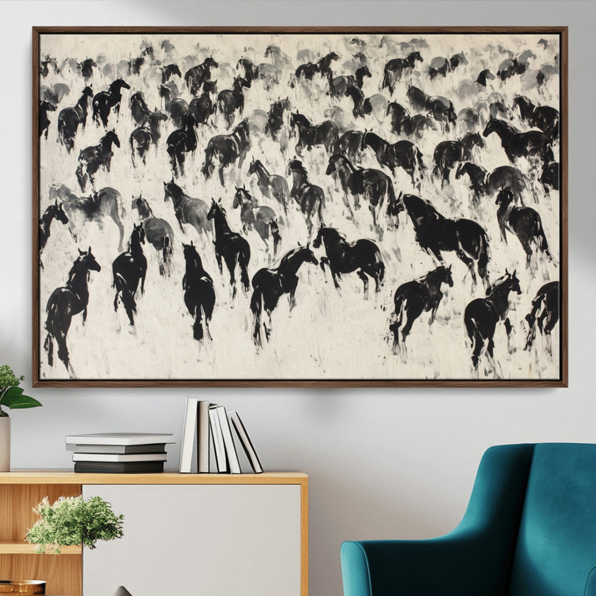 Wild Horse Stampede Wall Art Canvas Print – Monochrome