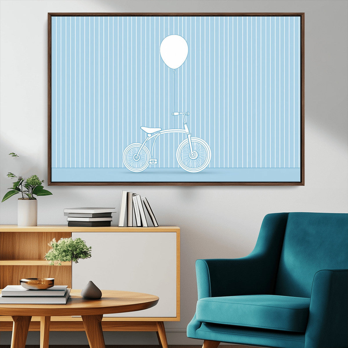 Minimalist Bicycle Balloon Canvas Wall Art – Playful Blue