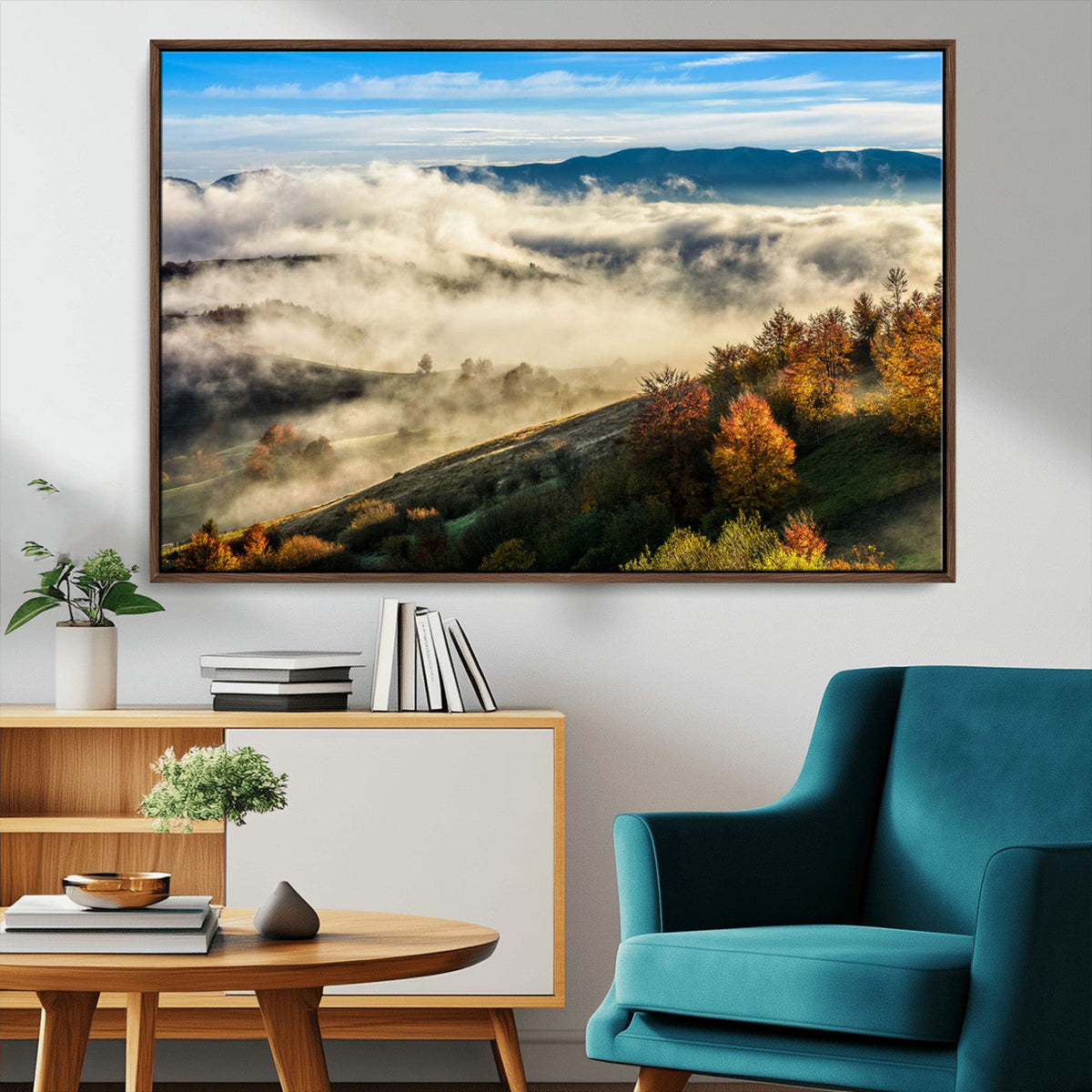 Misty Autumn Hills Wall Art Canvas Print, Foggy Forest