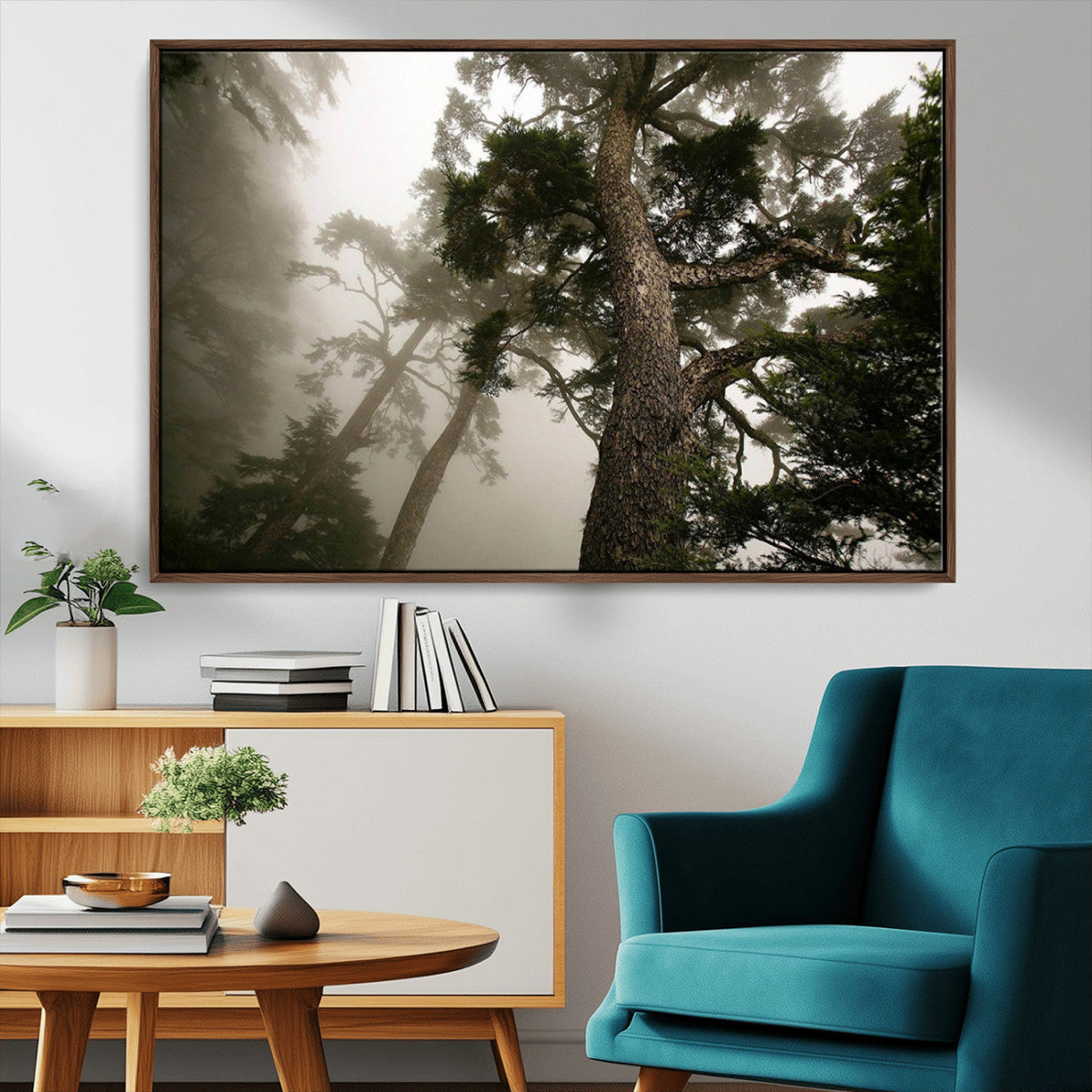 Misty Forest Wall Art Canvas Print, Tall Trees and Foggy