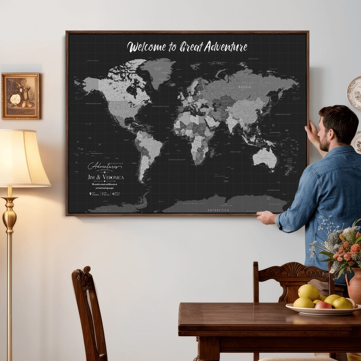 Custom World Map Canvas with Pins – Custom Framed Push Pin Maps - NEWMAP-21