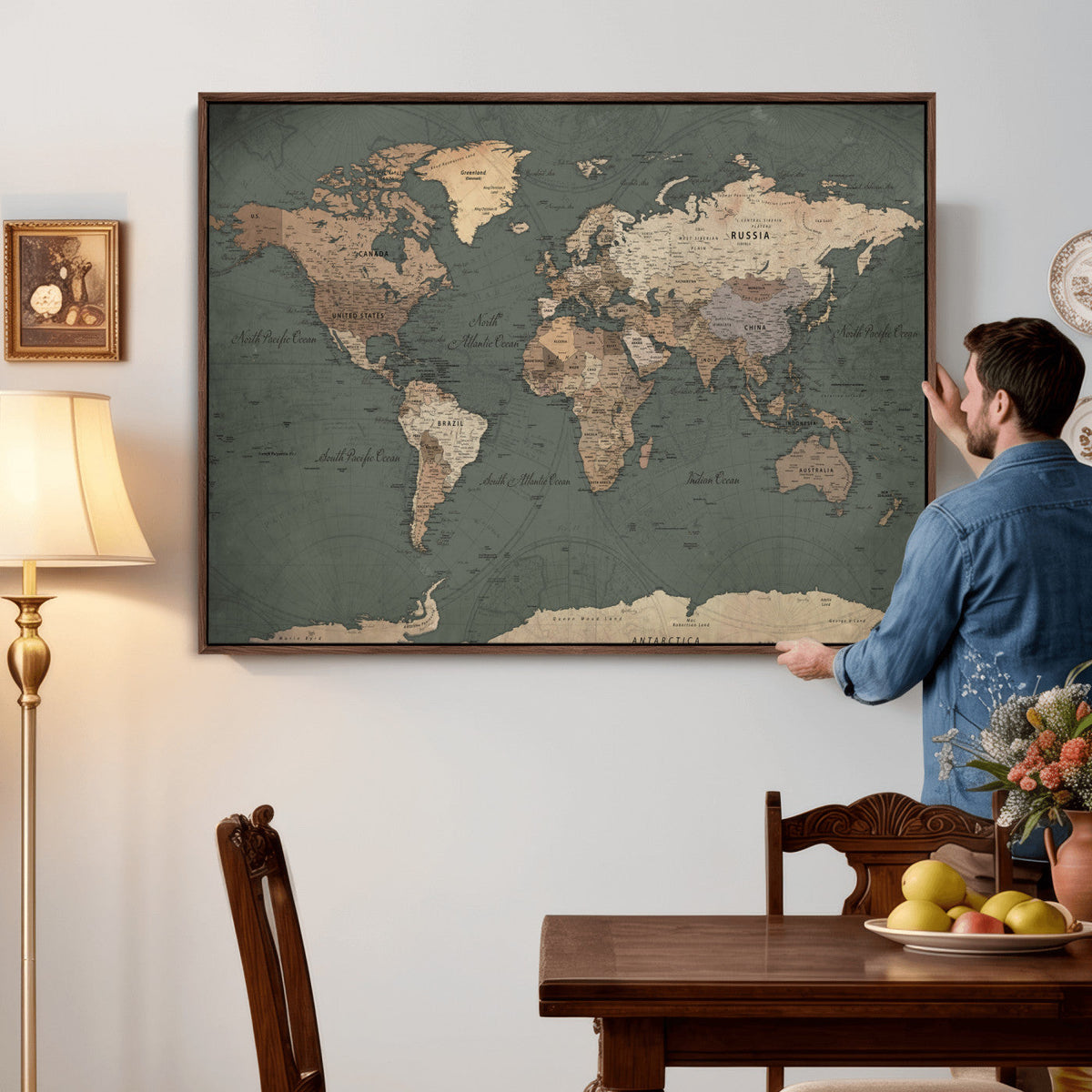 Rustic Black and Wood World Map Canvas Wall Art – Framed