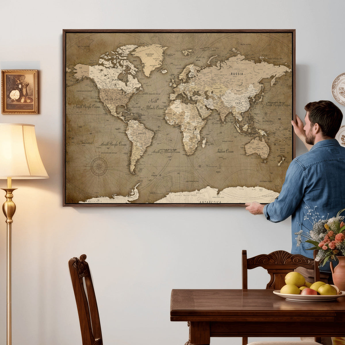 World Map Wall Art Canvas Print, Framed Map Art Picture