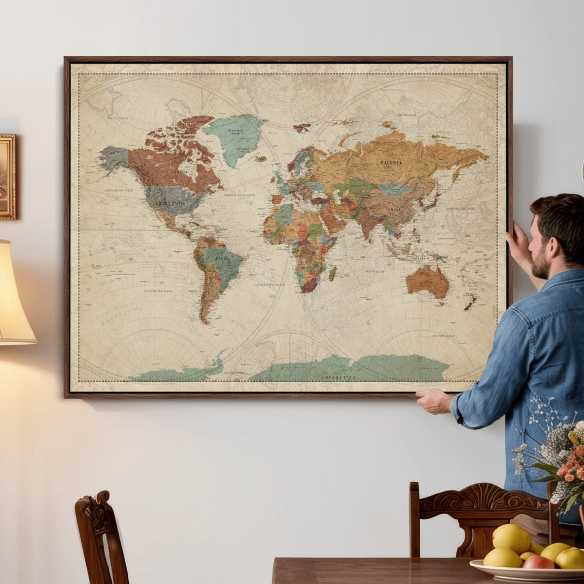 Vintage World Map Canvas Wall Art Print – Framed Modern