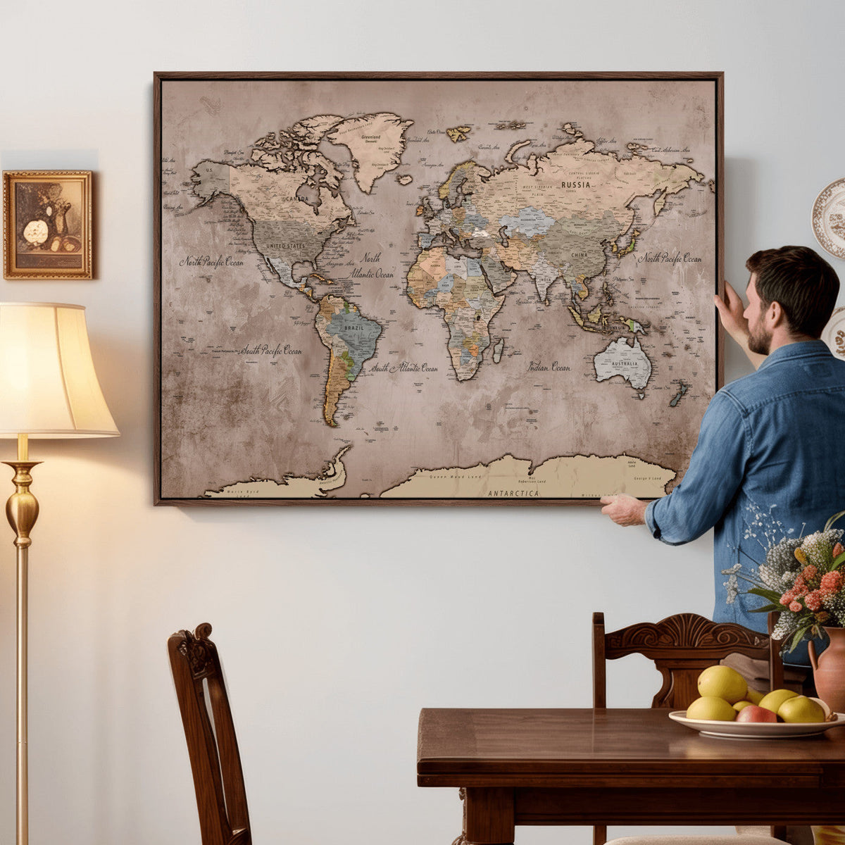 Grunge World Map Canvas Wall Art - Vintage Aged World Map