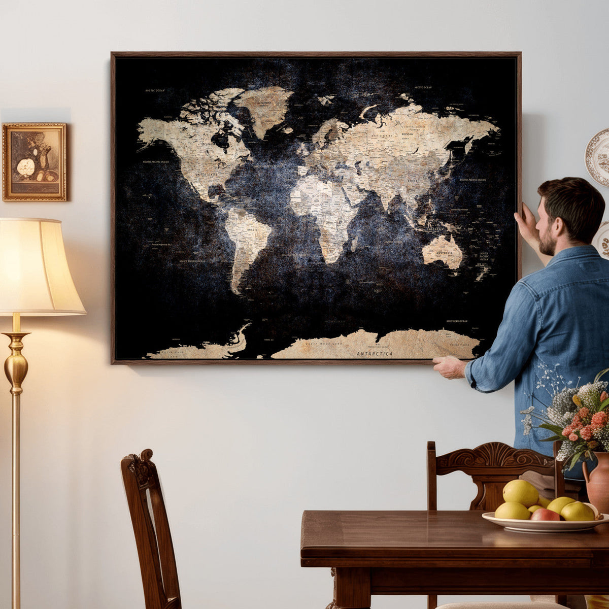 Grunge World Map Wall Art | 3-Panel Large Beige and Brown