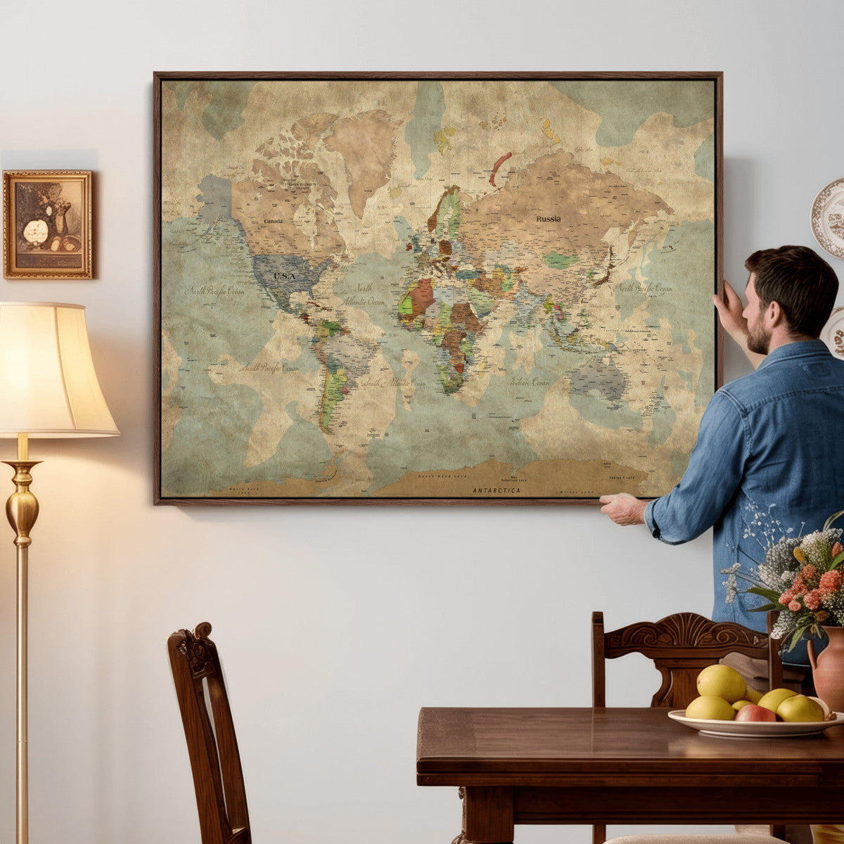 World Map Wall Art Canvas Print, Rustic Map Print, Framed