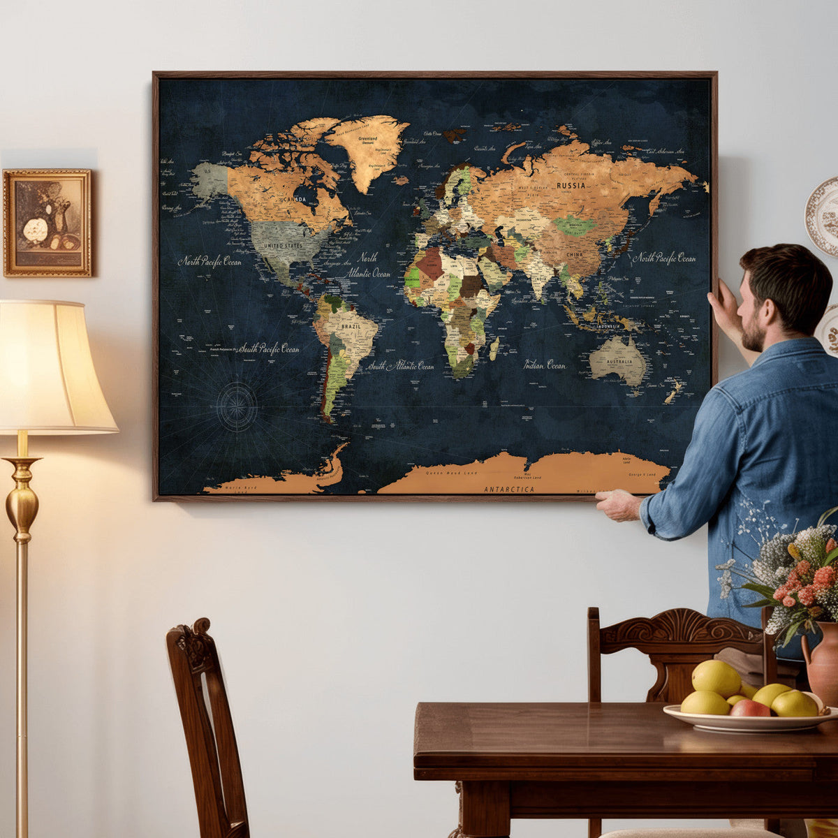 Vintage World Map Canvas Wall Art – Detailed Map with