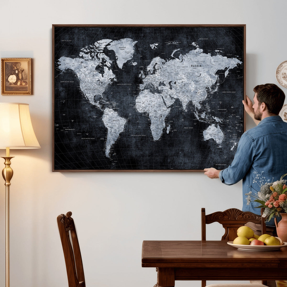 Black World Map Canvas Print – Detailed Map for Couples and