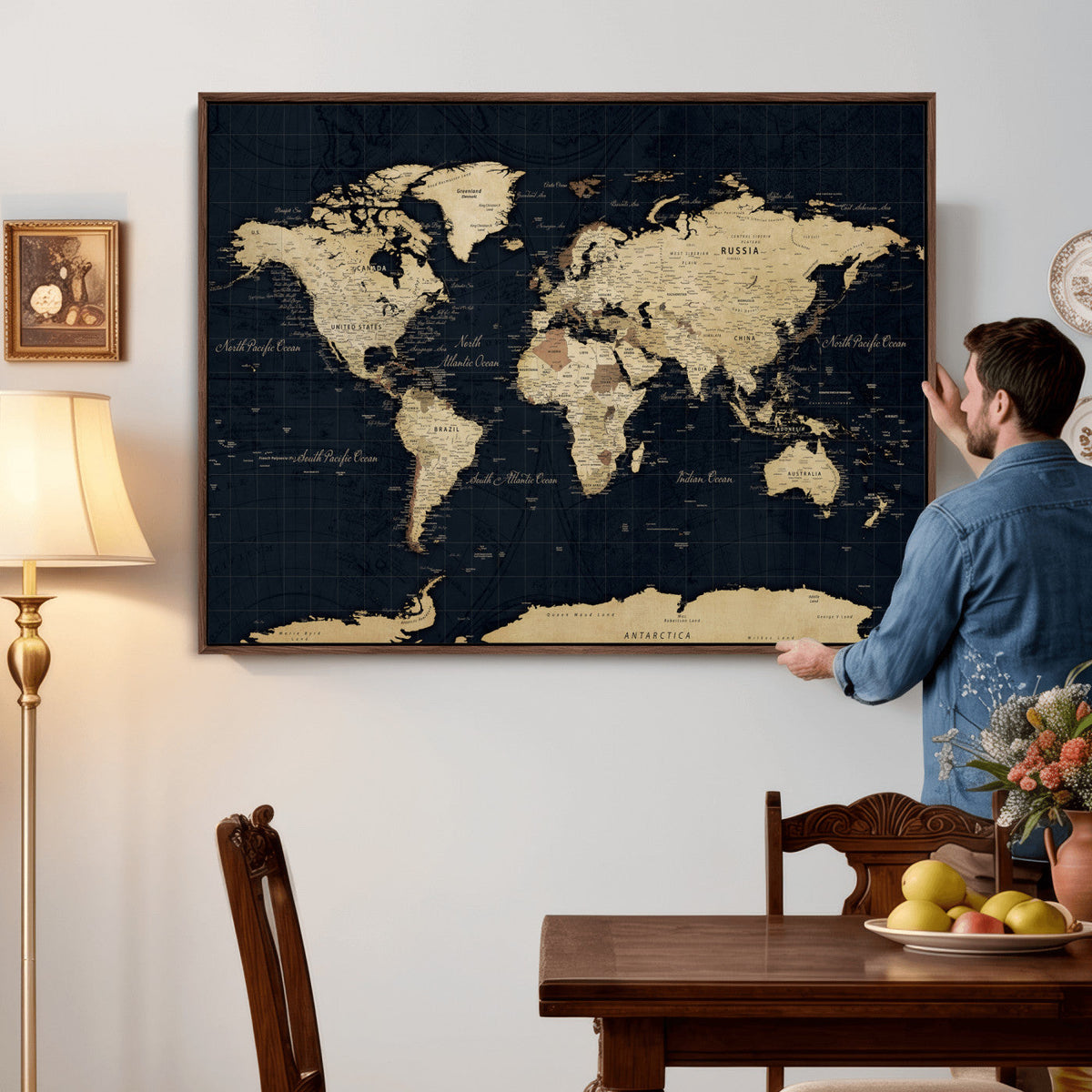 Dark World Map Canvas Wall Art Print, Minimal Black and Gold