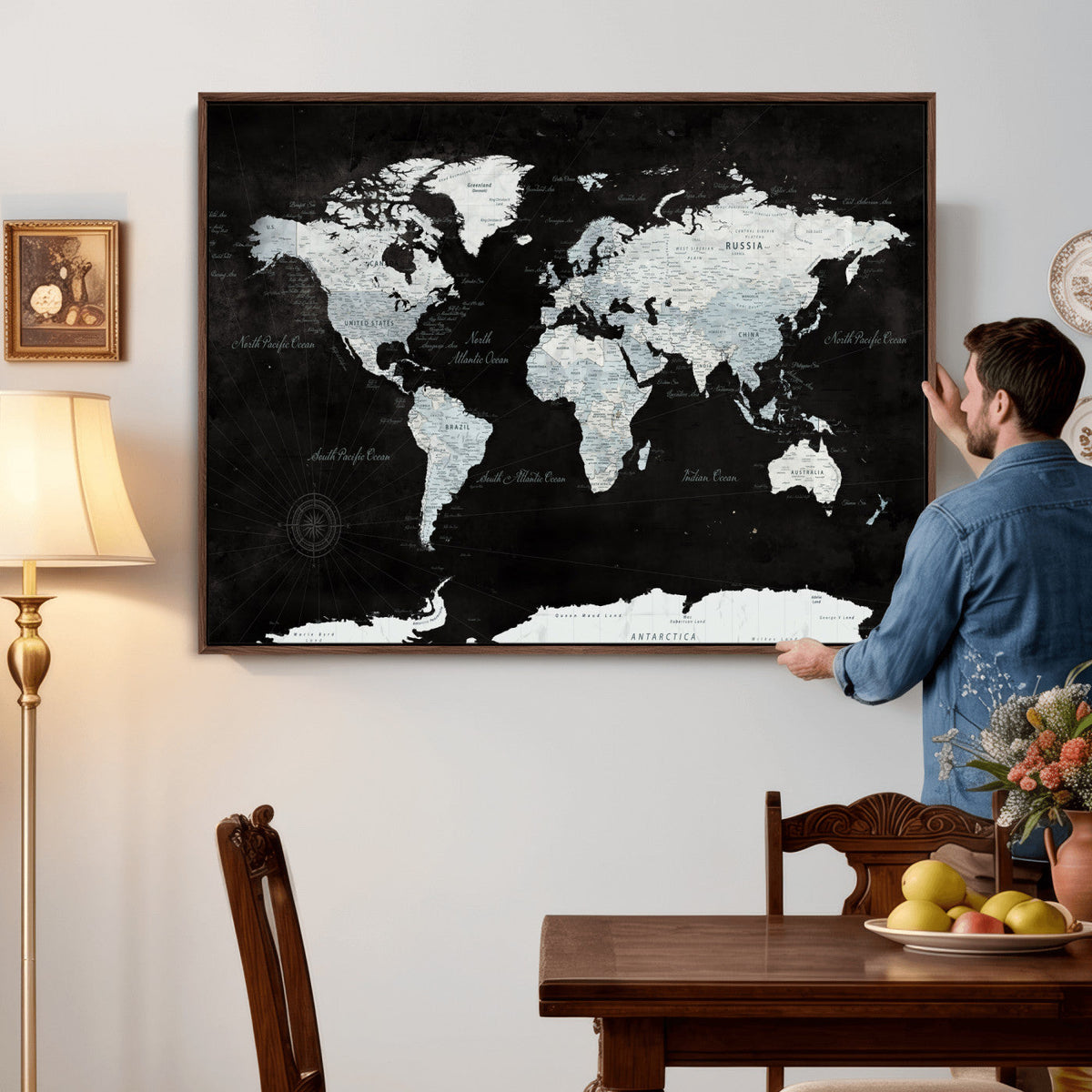 World Map Canvas Print – Framed Push Pin Wall Art, Color