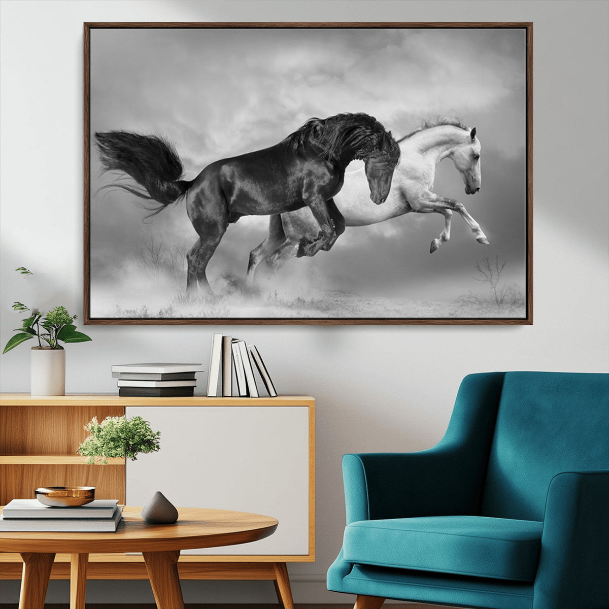 Wild Horses Wall Art Canvas Print – Framed Black and White
