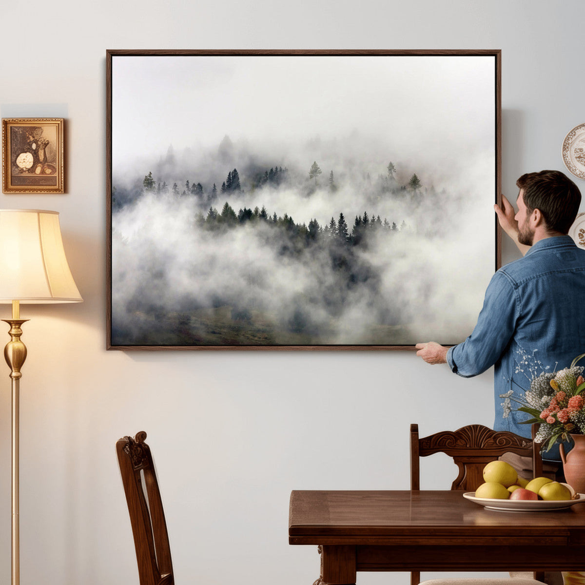 Foggy Forest Wall Art Canvas Print, Misty Pine Tree