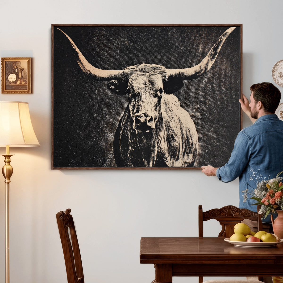 Vintage Texas Longhorn Bull Wall Art Canvas Print, Cow