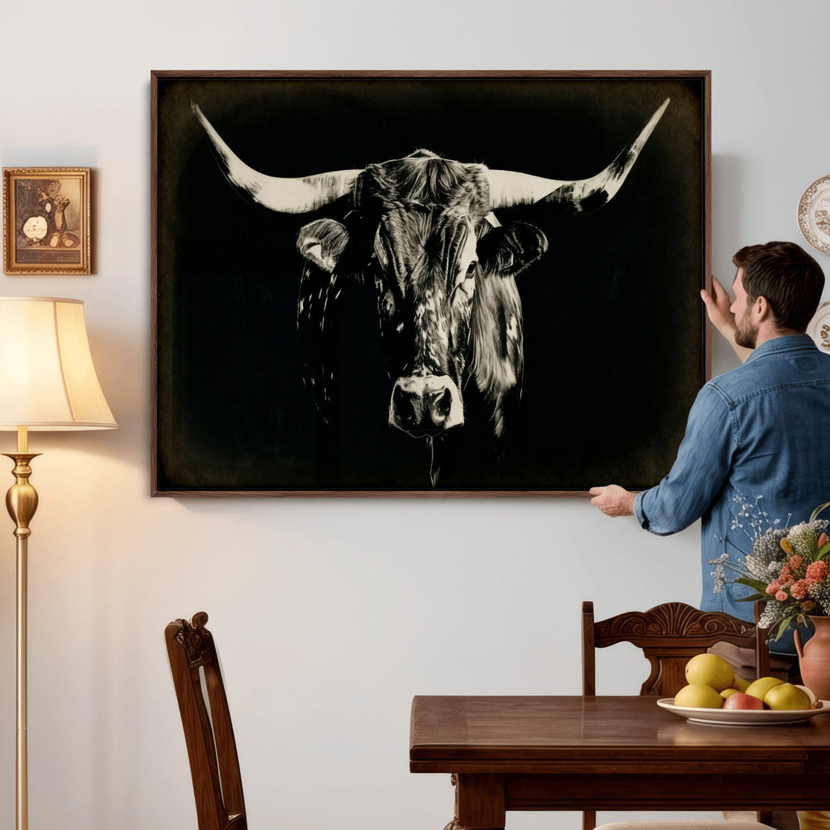 Black Bull Wall Art Canvas Print, Texas Longhorn Portrait