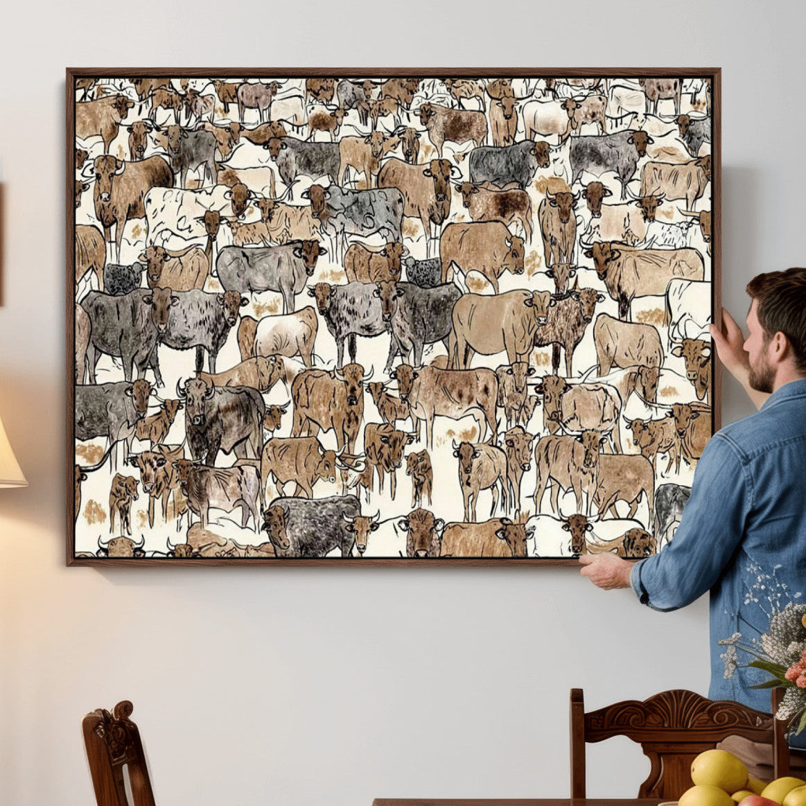 Abstract Longhorn Wall Art Canvas Print - Cow Animal Drawing