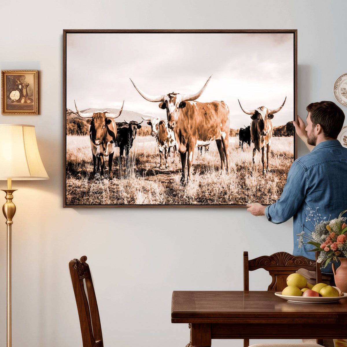 Texas Longhorn Cattle Wall Art Canvas Print, Sepia Western