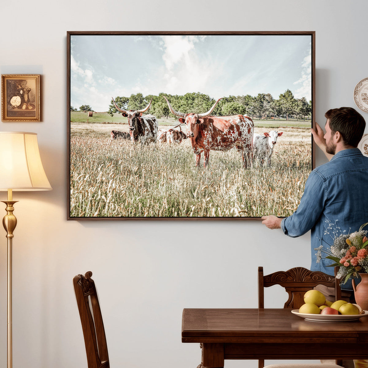 Texas Longhorn Cattle Wall Art Canvas Print, Rustic Ranch