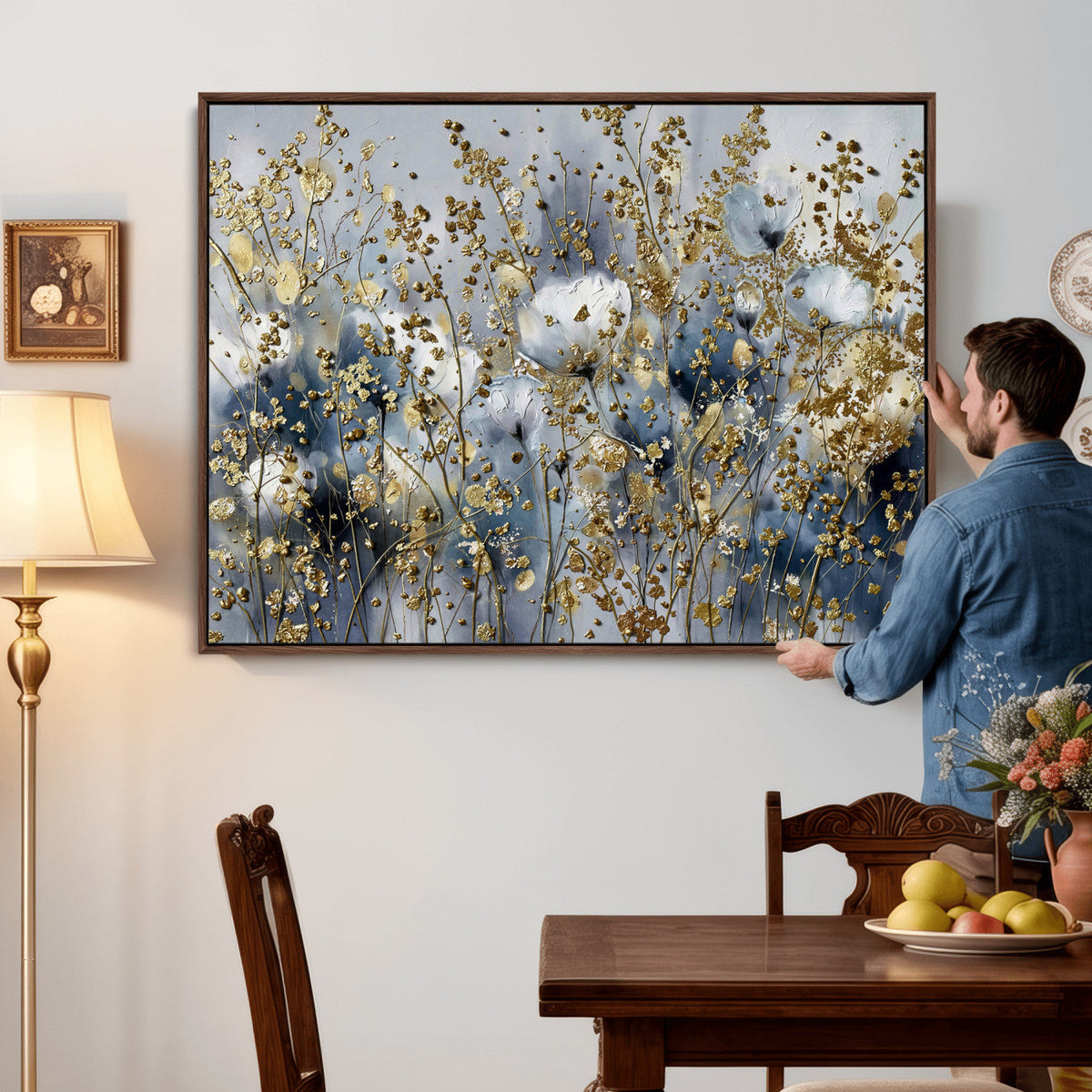 Abstract Floral Wall Art Canvas Print – Gold and Blue