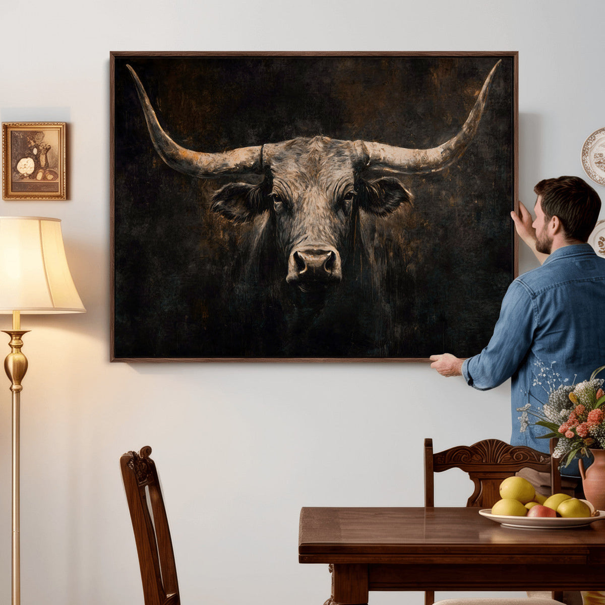 Vintage Longhorn Bull Wall Art Canvas Print – Rustic Western