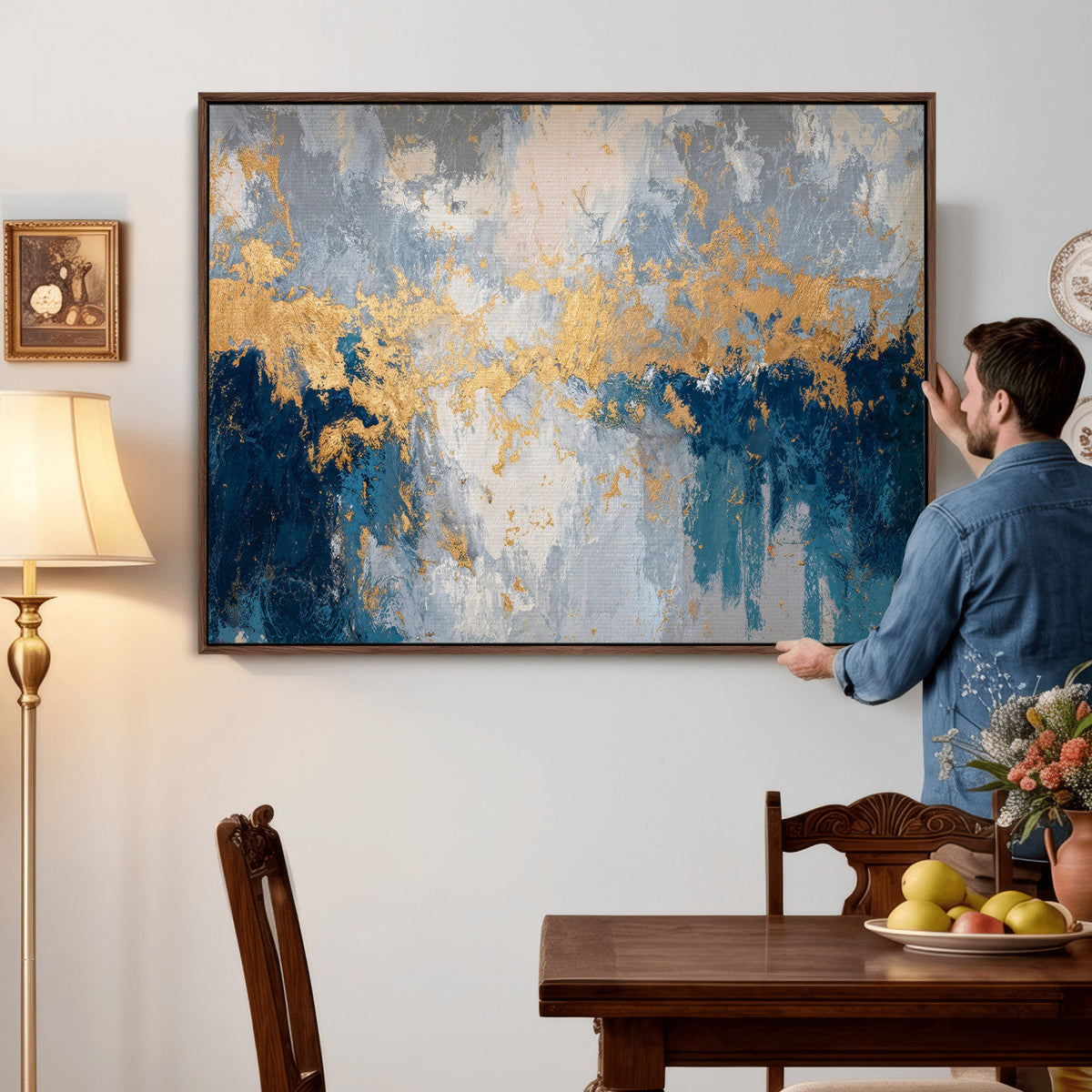 Blue Gold Abstract Large Framed Canvas Wall Art, Modern