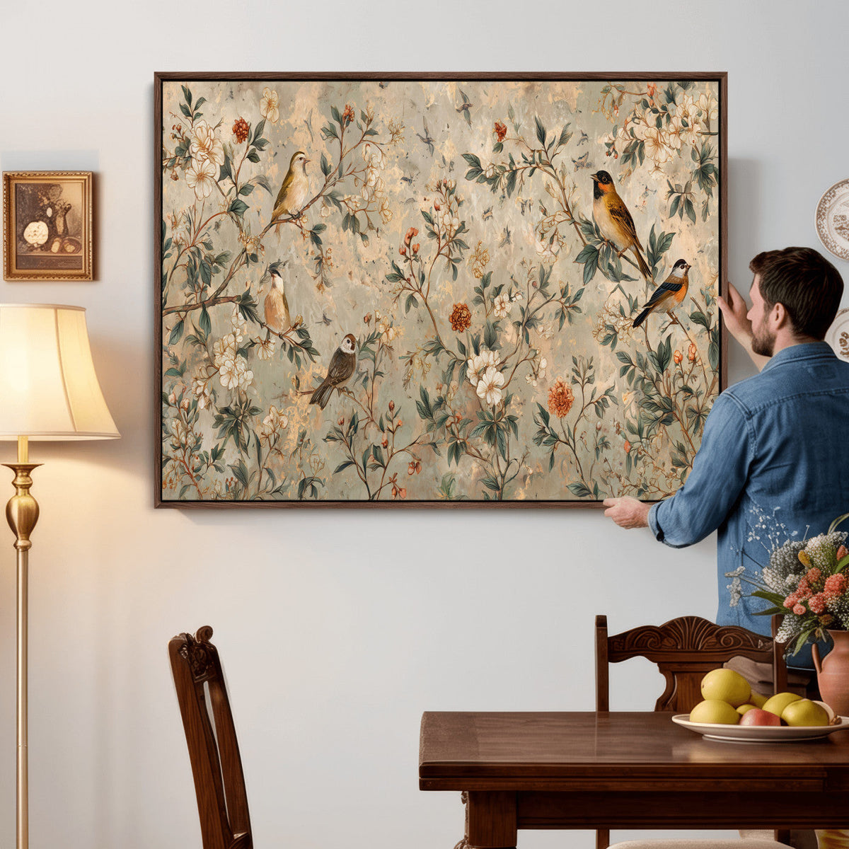 Vintage Birds and Flowers Wall Art Canvas Print, Botanical